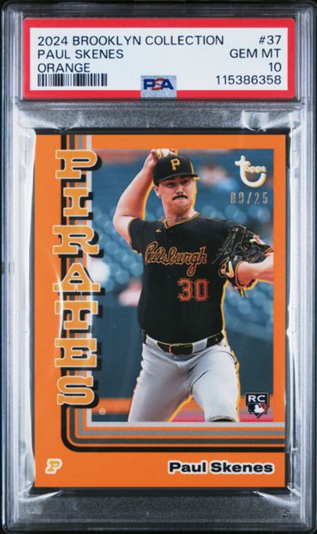 2024 Topps Brooklyn Coll Paul Skenes #37 /25 Orange Rookie PSA 10 Card: 2024 Topps Brooklyn Coll Paul Skenes #37 /25 Orange Rookie PSA 10 Card This graded 2024 Topps Brooklyn Coll Paul Skenes #37 /25 Orange Rookie RC Card boasts a perfect PSA grade of 10, ensuring its top