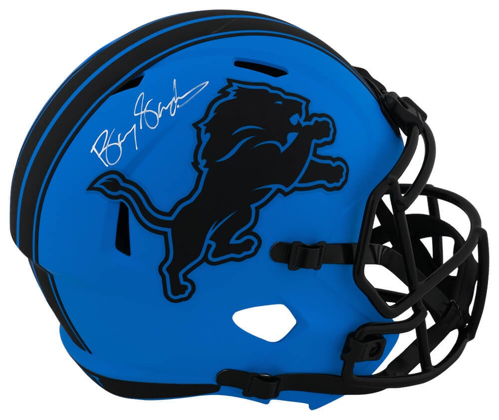 Barry Sanders Signed RAVE Lions Full Size Replica Helmet with COA: Barry Sanders Signed RAVE Lions Full Size Replica Helmet with COA This authentic Barry Sanders signed Detroit Lions RAVE Riddell full-size replica helmet is a must-have for any football fan and collec