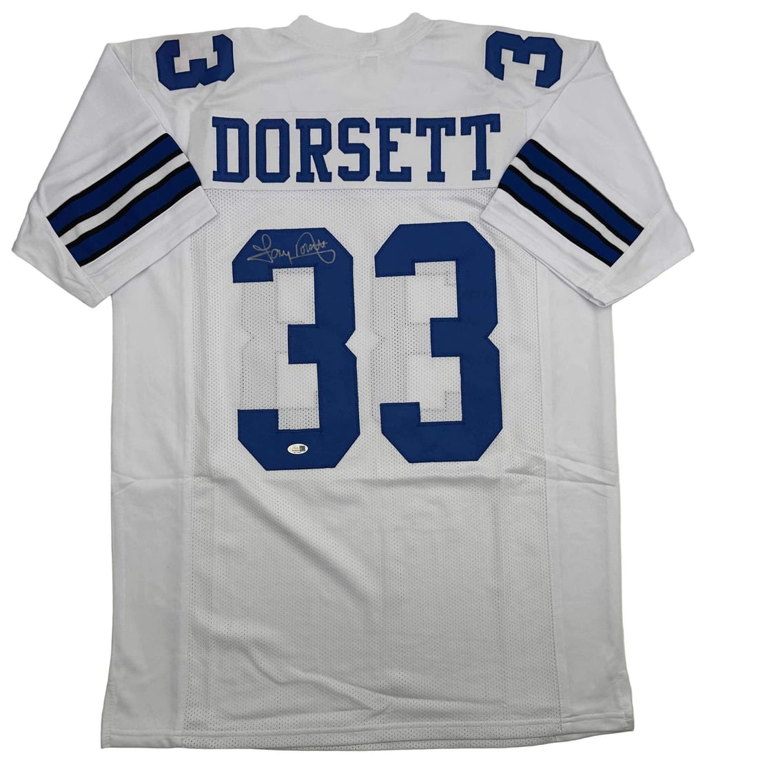 Tony Dorsett Signed Dallas Custom Football Jersey JSA Authenticated Autograph: Tony Dorsett Signed Dallas Custom Football Jersey JSA Authenticated Autograph This is a custom Dallas white football jersey autographed by Tony Dorsett. The jersey is not affiliated with any professio