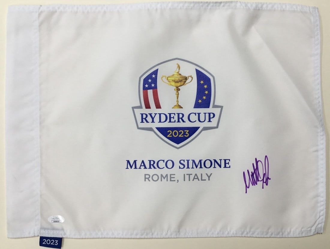 Matthew Fitzpatrick Signed 2023 Ryder Cup Rome Pin Flag JSA Authenticated: Matthew Fitzpatrick Signed 2023 Ryder Cup Rome Pin Flag JSA Authenticated This is an official pin flag from the 2023 Ryder Cup held in Rome, Italy, signed by PGA star Matthew Fitzpatrick. The signatur