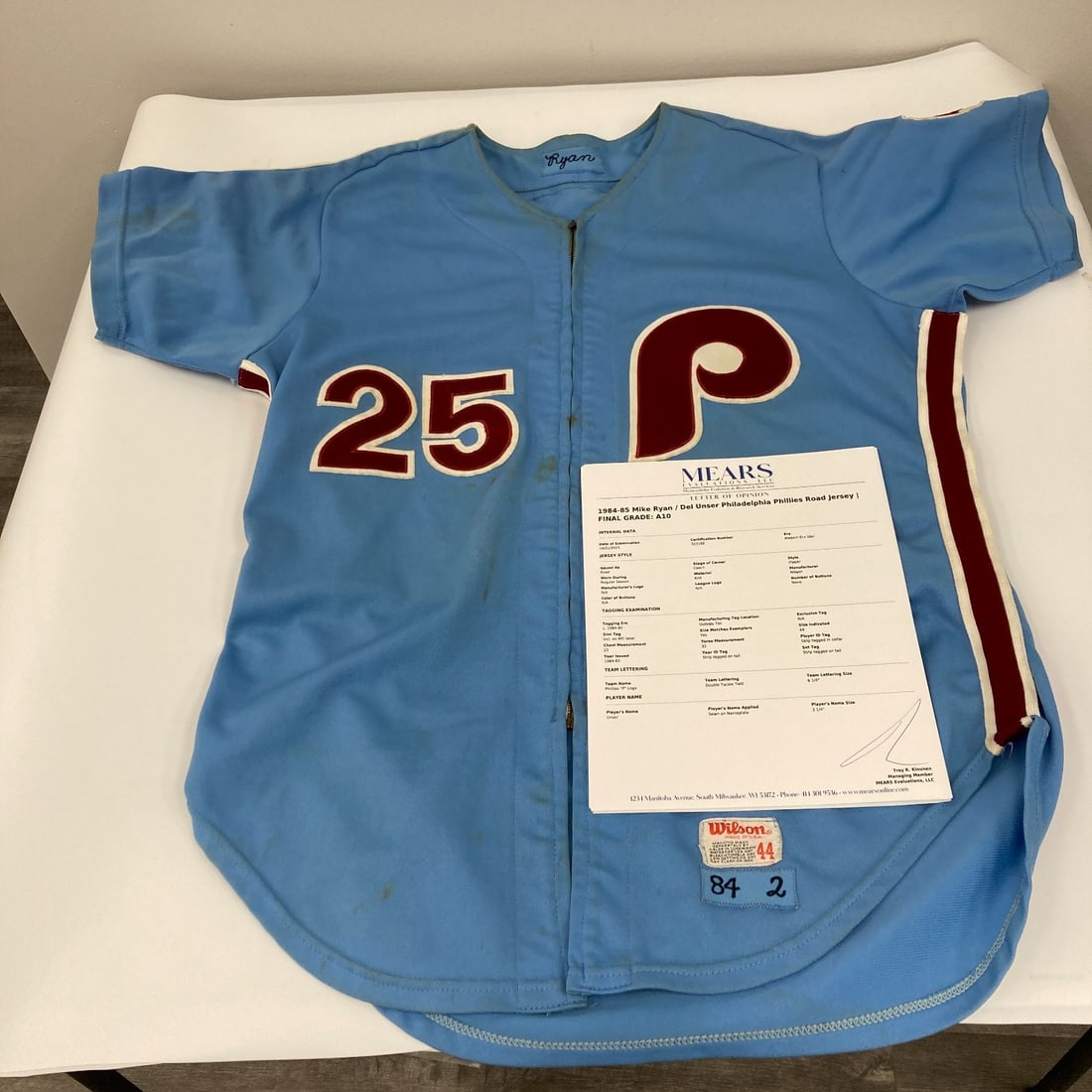 Del Unser Mike Ryan 1984-1985 Game Used Phillies Jersey MEARS A10 COA: Del Unser Mike Ryan 1984-1985 Game Used Phillies Jersey MEARS A10 COA This is a game-used jersey from Del Unser and Mike Ryan, representing the Philadelphia Phillies during the 1984-1985 baseball seas