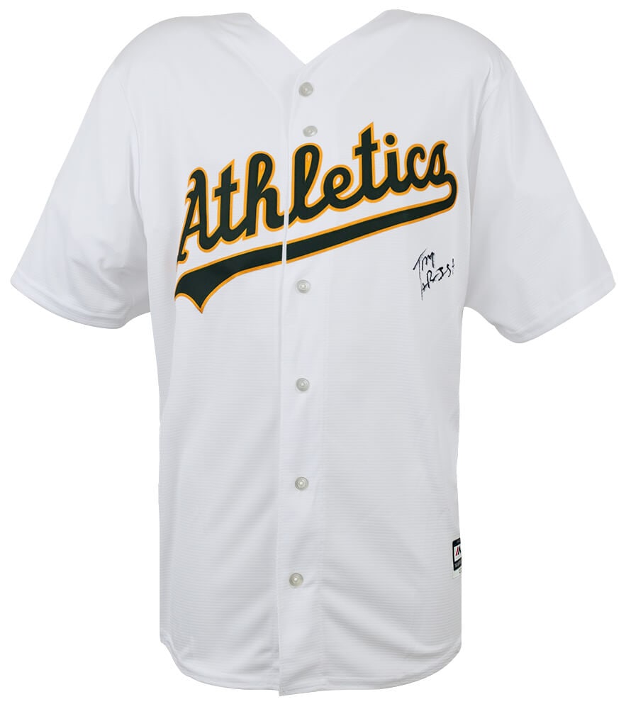 Tony LaRussa Signed Oakland A's White Majestic Jersey with COA: Tony LaRussa Signed Oakland A's White Majestic Jersey with COA This is a Tony LaRussa signed Oakland Athletics white Majestic replica baseball jersey, featuring his autograph on the front. The back of
