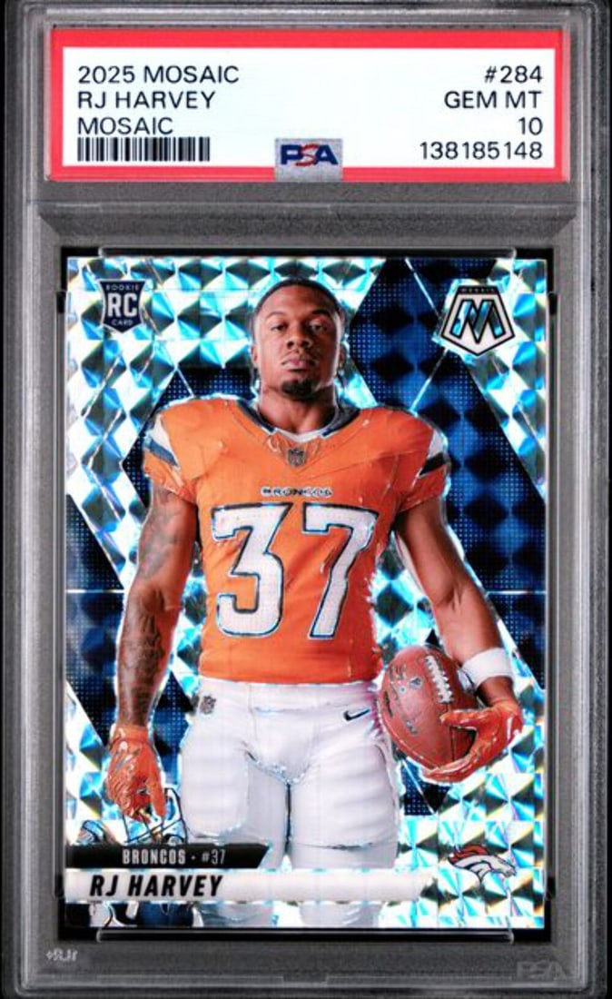 PSA 10 2025 Mosaic Variation RJ Harvey Rookie NFL Card #284: PSA 10 2025 Mosaic Variation RJ Harvey Rookie NFL Card #284 This is an original 2025 Panini Mosaic RJ Harvey #284 Mosaic Variation Rookie RC card, professionally graded and encapsulated by PSA. The ca