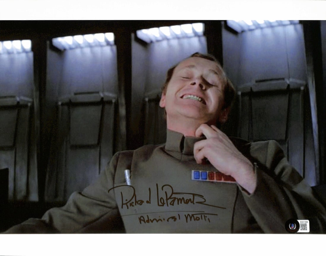 Richard LeParmentier Signed Admiral Motti 11x14 Photo Beckett Authenticated: Richard LeParmentier Signed Admiral Motti 11x14 Photo Beckett Authenticated This is a signed 11x14 photograph of Richard LeParmentier as Admiral Motti from Star Wars: A New Hope. The photograph featur