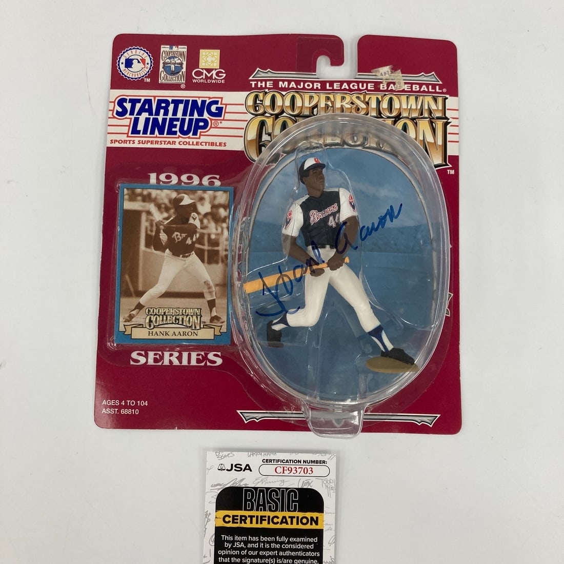 Hank Aaron 1996 SLU Starting Lineup Autographed JSA COA: Hank Aaron 1996 SLU Starting Lineup Autographed JSA COA Celebrate the legacy of baseball legend Hank Aaron with this signed 1996 Starting Lineup Cooperstown Collection figure. This collectible is auth