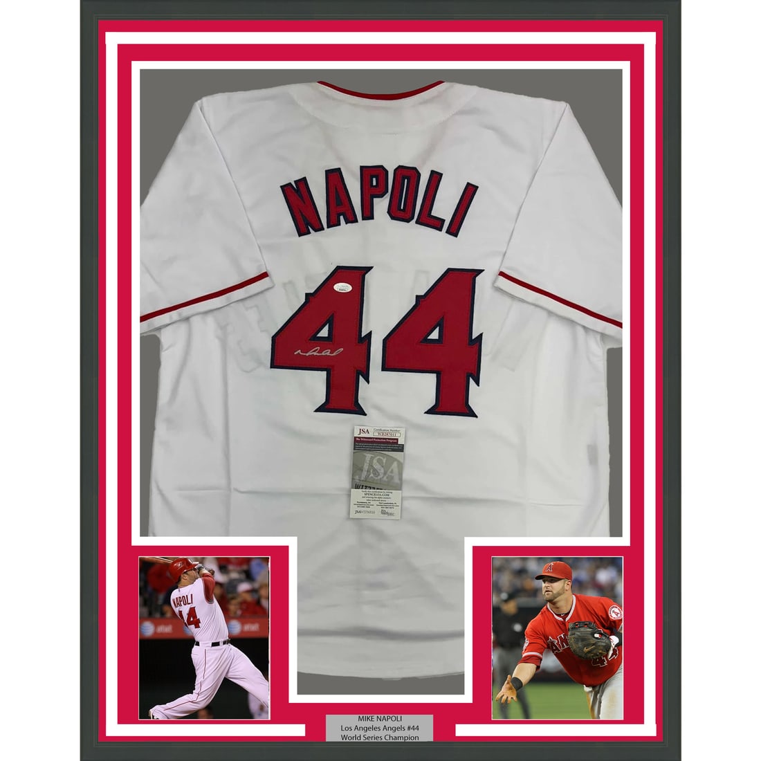 Framed Mike Napoli Signed Jersey with JSA Authentication 35x39: Framed Mike Napoli Signed Jersey with JSA Authentication 35x39 This item features a professionally framed and matted autographed jersey of MLB player Mike Napoli from the Los Angeles Angels of Anaheim