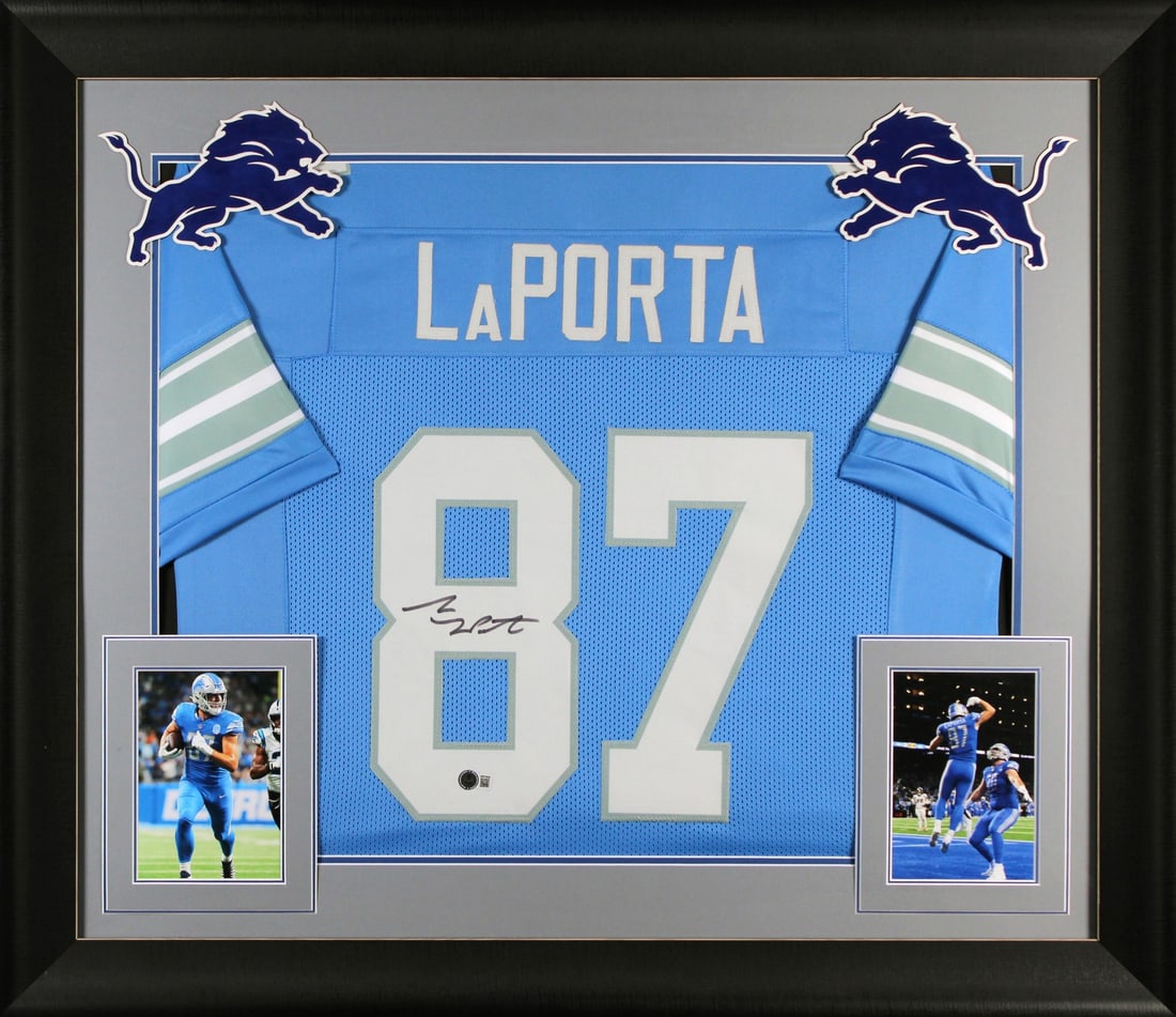 Sam Laporta Signed Blue Pro Style Framed Jersey BAS Witnessed: Sam Laporta Signed Blue Pro Style Framed Jersey BAS Witnessed This authentic blue pro style framed jersey has been personally signed by Sam Laporta of the Detroit Lions. It comes with a Beckett Authen