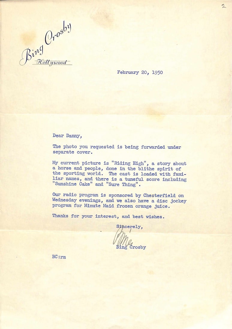 Bing Crosby 1950 Signed Letter with Envelope Beckett Certified: Bing Crosby 1950 Signed Letter with Envelope Beckett Certified This remarkable item features a signed, typed letter from the legendary Bing Crosby, dated February 20, 1950, on his personal Hollywood l