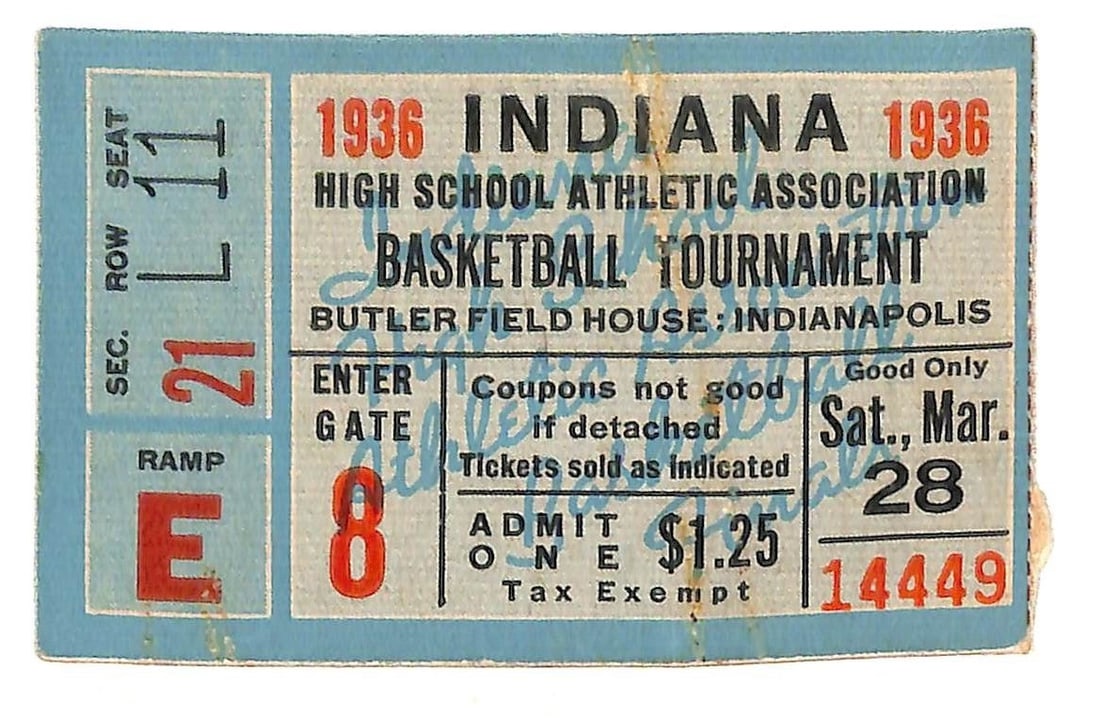 1936 Indiana State Finals Basketball Ticket Frankfort vs Fort Wayne Central (1 of 2)