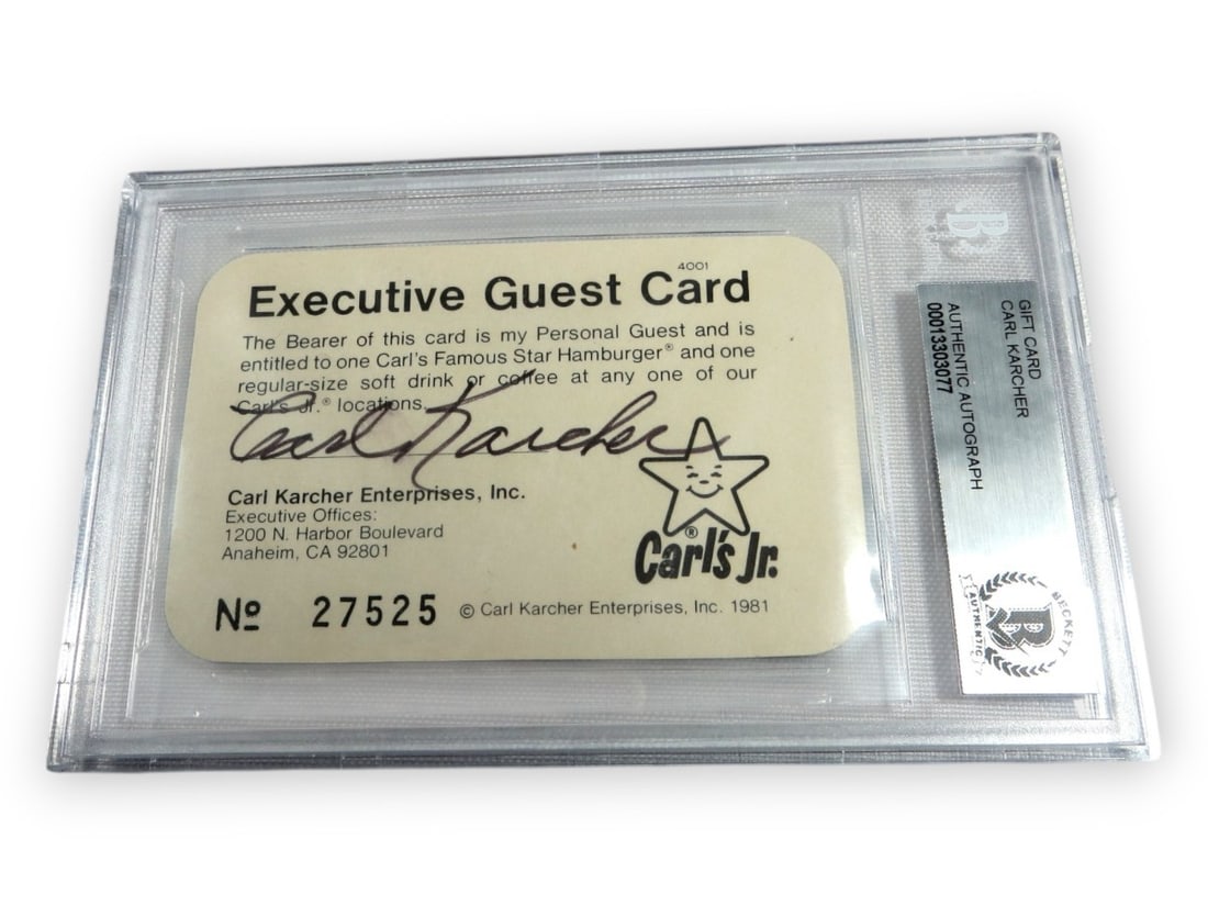 Carl Karcher Autographed Gift Card 1981 JSA Authenticated: Carl Karcher Autographed Gift Card 1981 JSA Authenticated This Carl Karcher autographed gift card from Carl's Jr. features the renowned signature of the founder, Carl Karcher. The gift card is authent