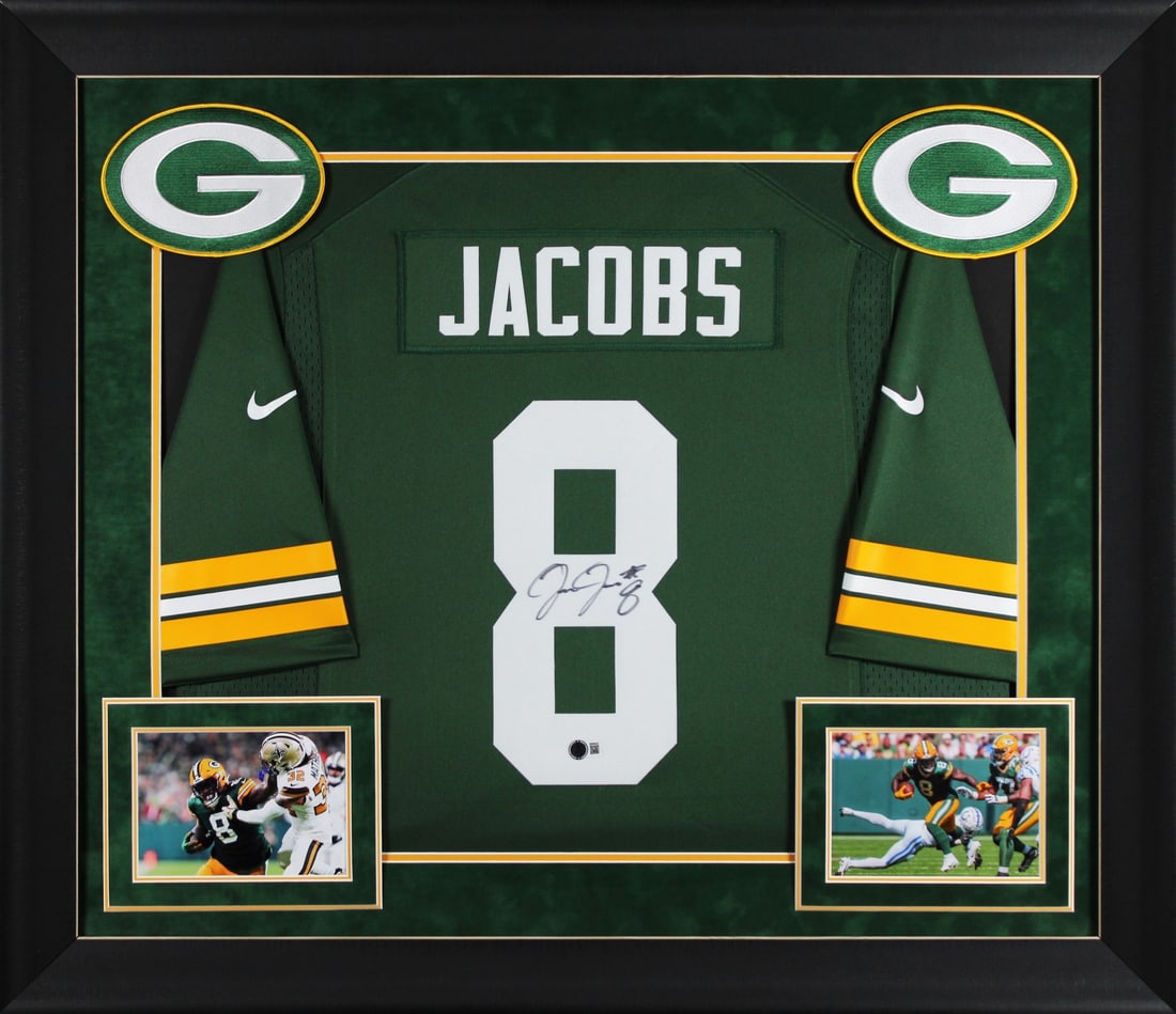 Josh Jacobs Signed Green Nike Game Jersey Frame BAS Authenticated (1 of 2)