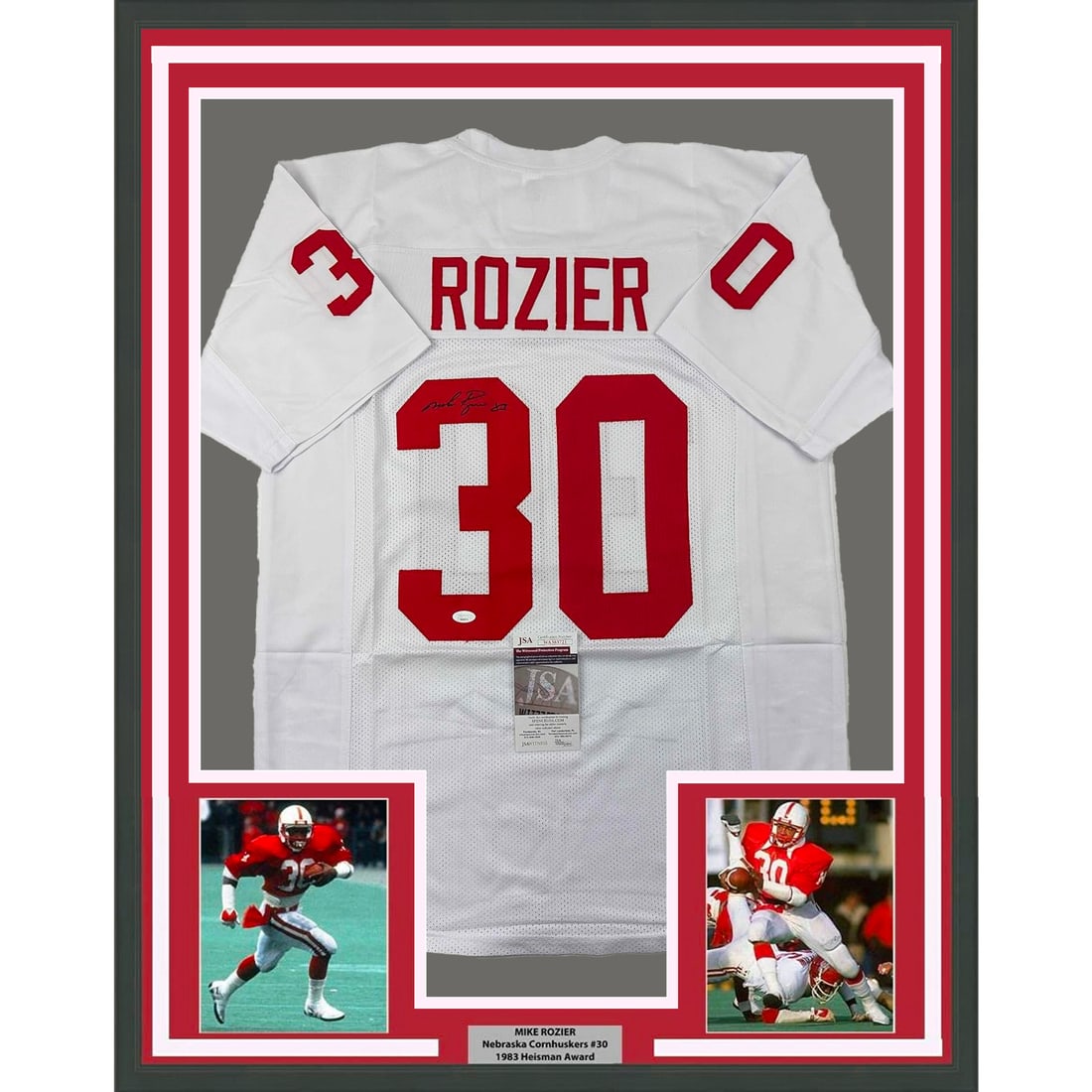 Framed Autographed Mike Rozier Nebraska Jersey with JSA COA: Framed Autographed Mike Rozier Nebraska Jersey with JSA COA This framed autographed Mike Rozier white jersey is a stunning tribute to the Nebraska Cornhuskers star. The item includes a certificate of