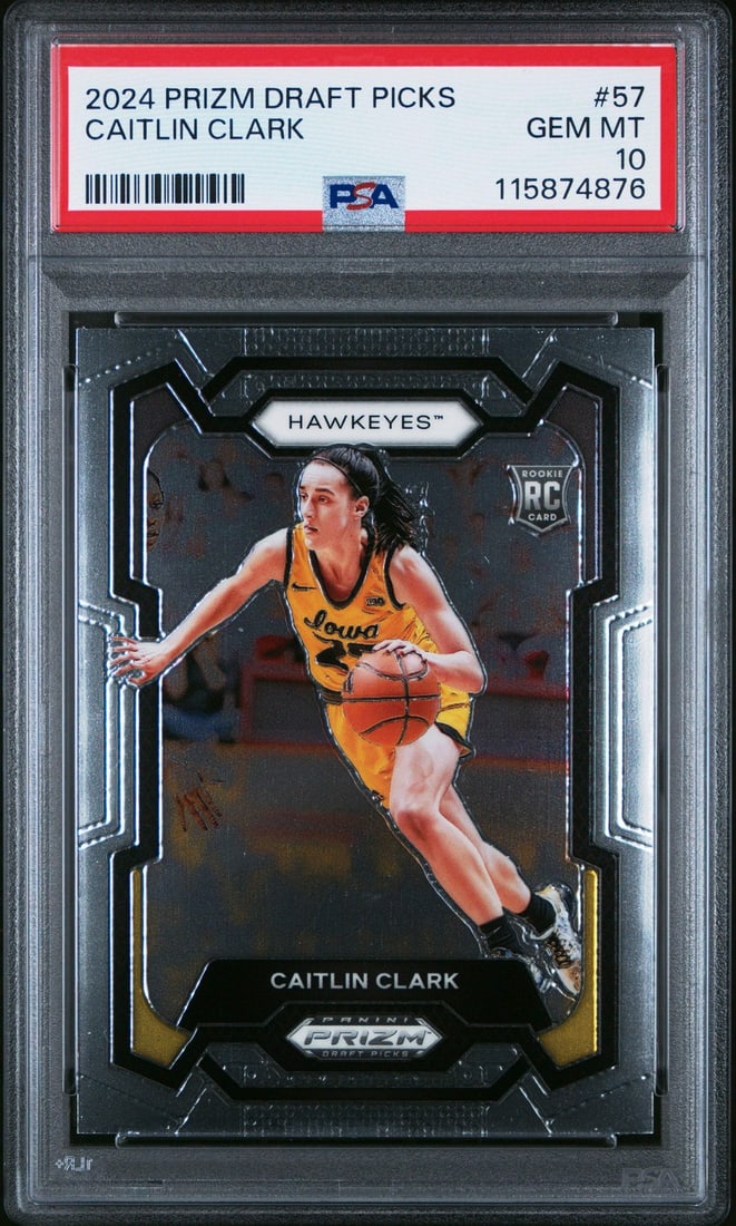 PSA 10 Gem Mint Caitlin Clark 2024 Prizm Draft Picks Rookie Card #57: PSA 10 Gem Mint Caitlin Clark 2024 Prizm Draft Picks Rookie Card #57 This is a 2024 Panini Prizm Draft Picks Caitlin Clark #57 Rookie RC card, graded PSA 10 Gem by Professional Sports Authenticator. T