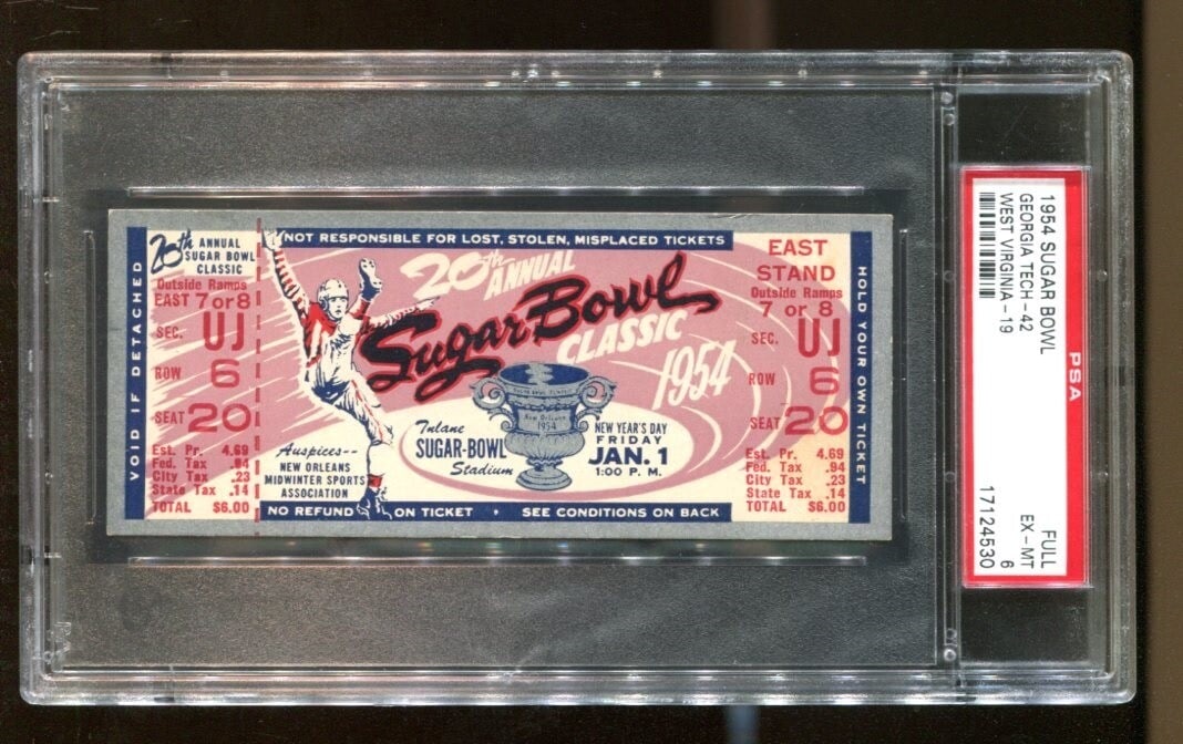 1954 Sugar Bowl Full Ticket Georgia Tech vs West Virginia Original: 1954 Sugar Bowl Full Ticket Georgia Tech vs West Virginia Original Celebrate a classic moment in college football history with this original full ticket from the 1954 Sugar Bowl featuring Georgia Tech