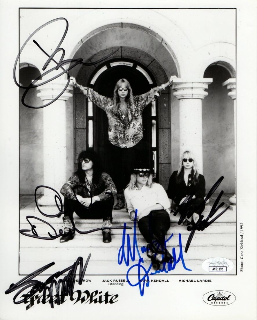 Great White Band Autographed 8X10 Photo JSA Authenticated by Jack Russell and Members: Great White Band Autographed 8X10 Photo JSA Authenticated by Jack Russell and Members This is an original 8X10 photograph of the Great White band, featuring autographs from members Jack Russell, Mark