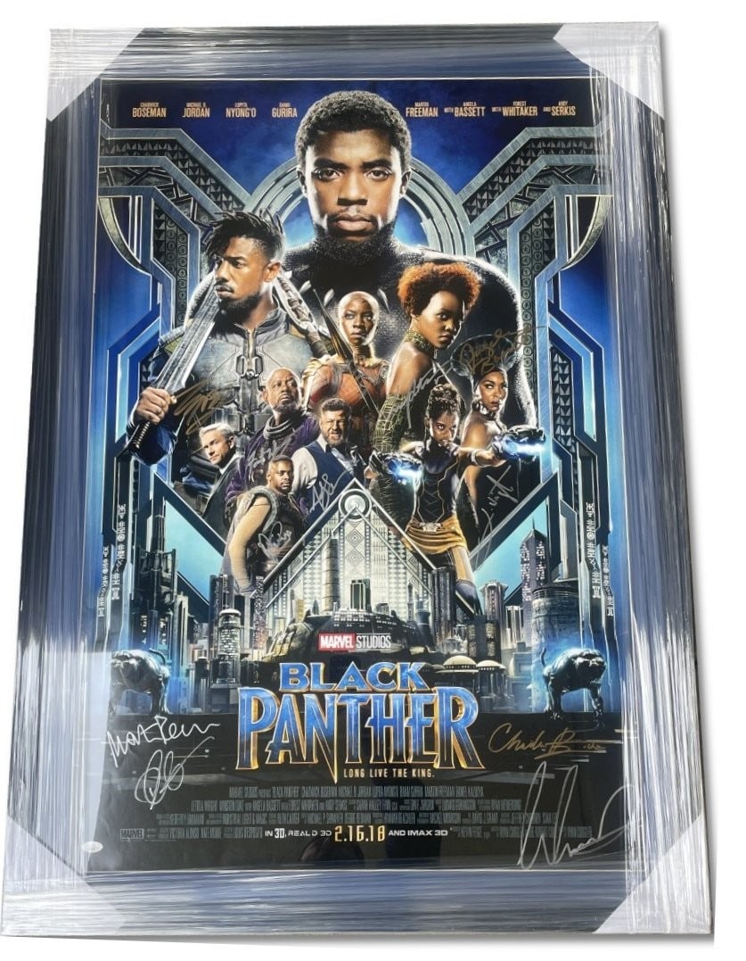 Black Panther Cast Autographed Poster Framed 45x32 JSA Certified: Black Panther Cast Autographed Poster Framed 45x32 JSA Certified This impressive Black Panther cast autographed poster is a must-have for any fan of the iconic film. The original poster features the s