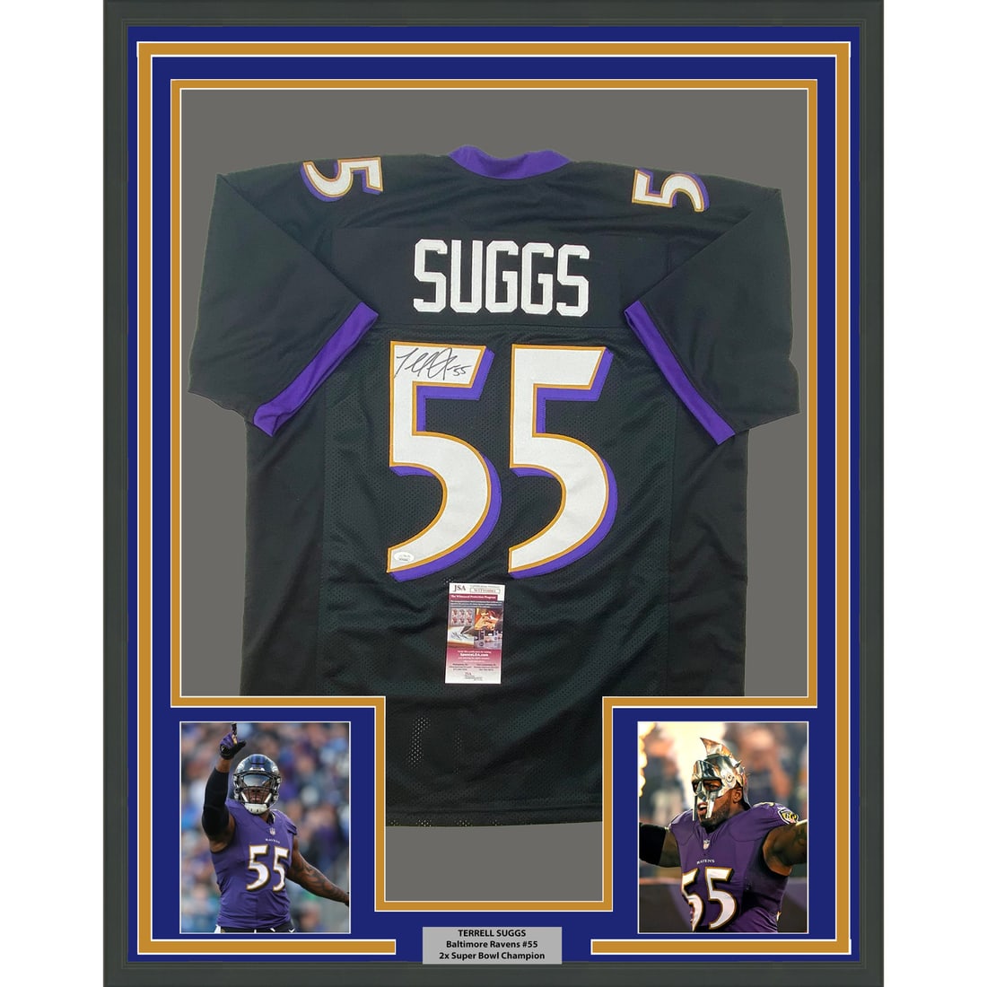 Framed Terrell Suggs Autographed Baltimore Ravens Jersey with JSA COA 33x42: Framed Terrell Suggs Autographed Baltimore Ravens Jersey with JSA COA 33x42 This professionally framed and matted Terrell Suggs autographed black jersey is a must-have for any Baltimore Ravens fan. Me