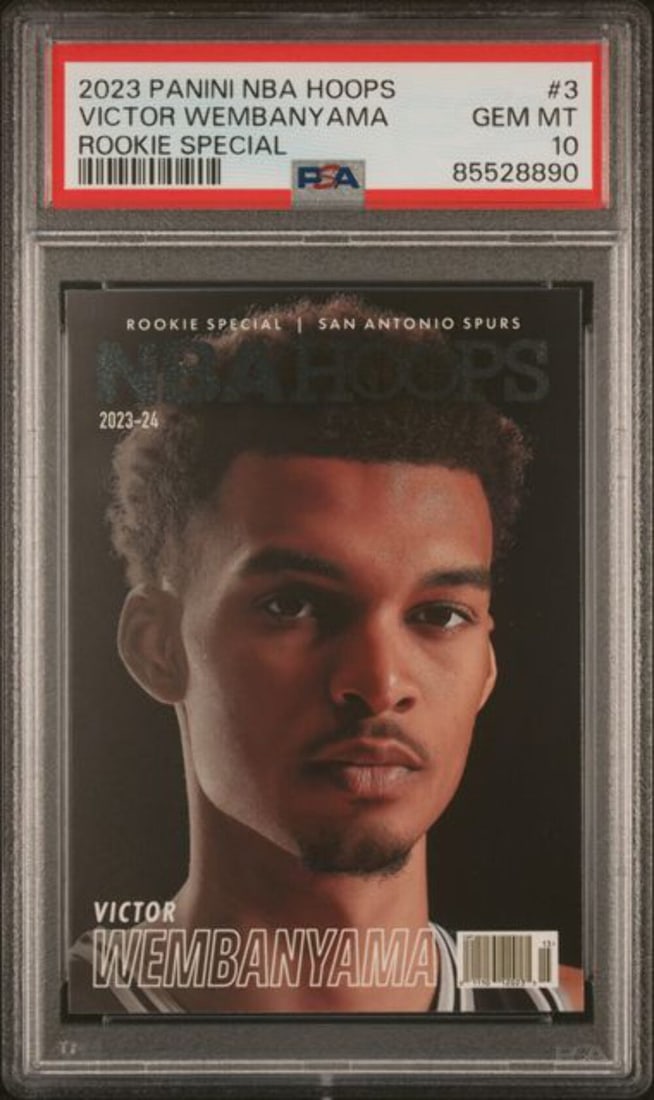 2023 NBA Hoops Victor Wembanyama #3 Rookie Card PSA 10 Graded: 2023 NBA Hoops Victor Wembanyama #3 Rookie Card PSA 10 Graded This is a graded 2023 NBA Hoops Victor Wembanyama #3 Rookie Special Basketball Card, featuring the talented player from the San Antonio Sp