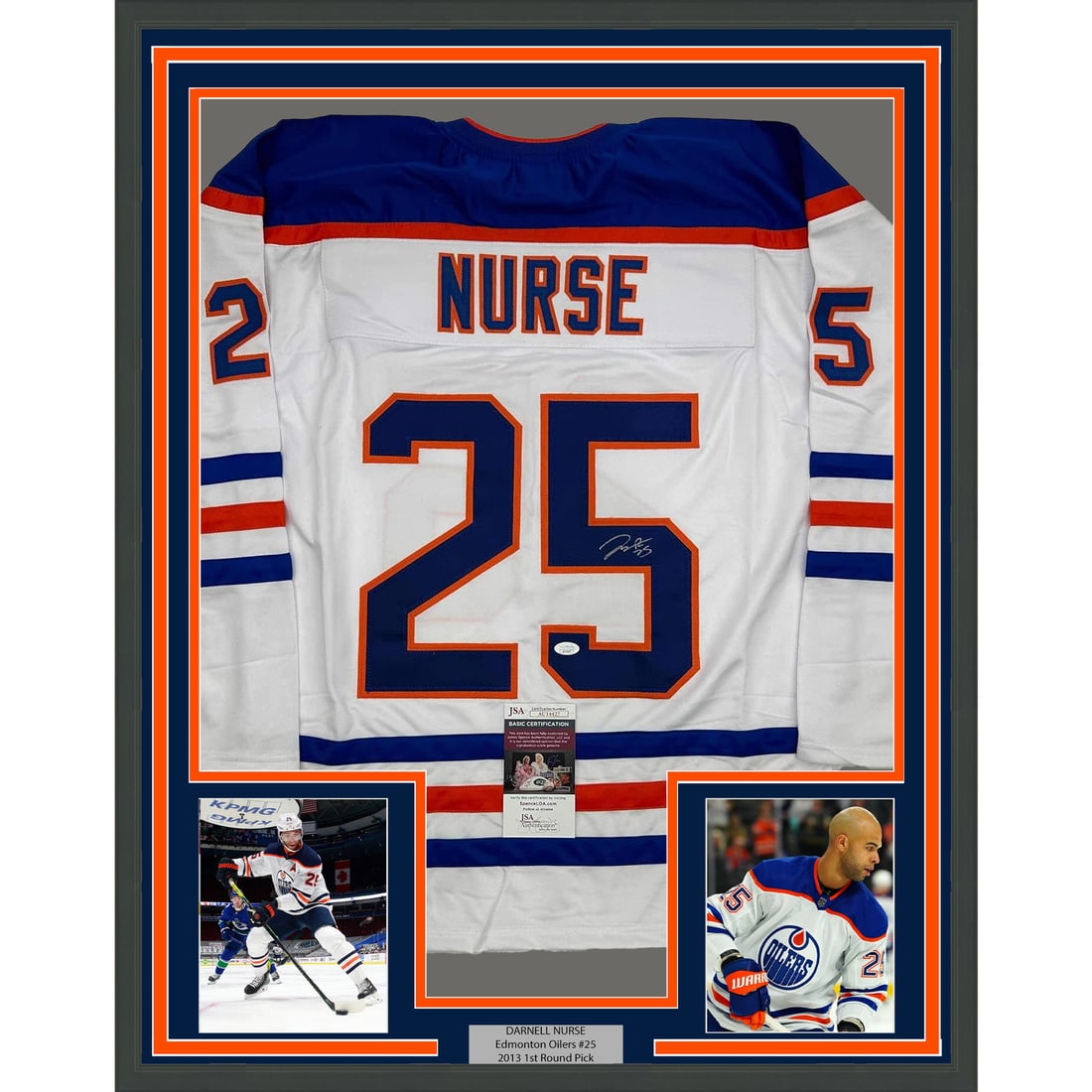 Framed Darnell Nurse Signed Jersey with JSA COA 35x39 Edmonton Oilers: Framed Darnell Nurse Signed Jersey with JSA COA 35x39 Edmonton Oilers Celebrate your love for hockey with this professionally framed and matted autographed Darnell Nurse Edmonton Oilers jersey. Measur