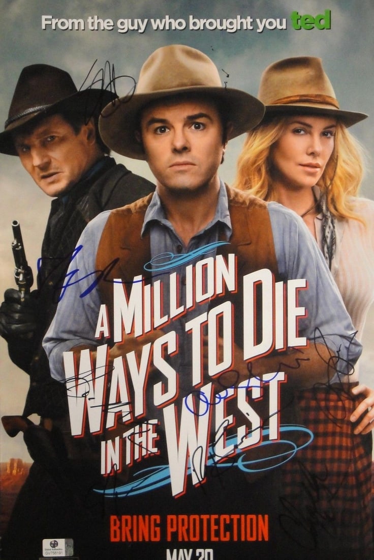 Seth MacFarlane Signed 11x17 Photo A Million Ways to Die with 4 Autographs: Seth MacFarlane Signed 11x17 Photo A Million Ways to Die with 4 Autographs This is an original 11x17 photograph from the movie 'A Million Ways to Die in the West,' featuring the signatures of Seth Mac