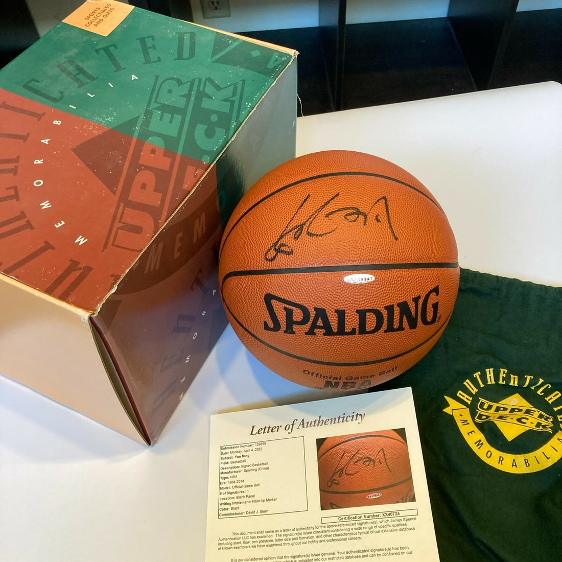 Yao Ming Signed Spalding NBA Basketball with JSA Authentication: Yao Ming Signed Spalding NBA Basketball with JSA Authentication This is an official Spalding NBA game basketball signed by Yao Ming. The item includes the Upper Deck Authenticated (UDA) hologram and c