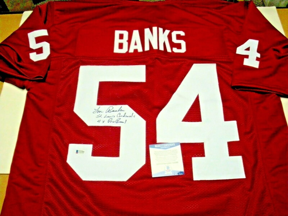 Tom Banks Signed St. Louis Cardinals Jersey 4X Pro Bowl COA: Tom Banks Signed St. Louis Cardinals Jersey 4X Pro Bowl COA This is a pre-owned St. Louis Cardinals jersey signed by Tom Banks, a four-time Pro Bowl player. The jersey is an original piece and comes w
