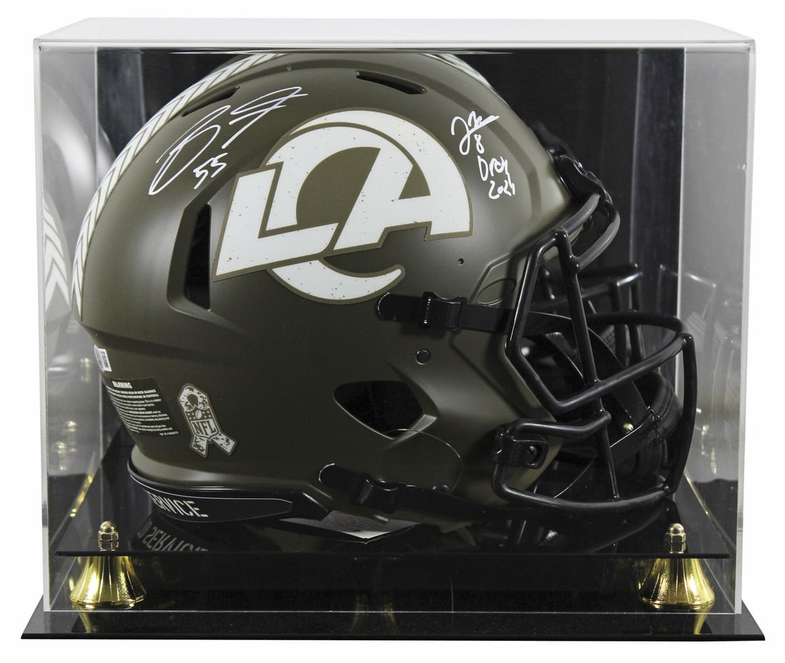 Jared Verse Braden Fiske Signed Rams Salute to Service Helmet with Case BAS: Jared Verse Braden Fiske Signed Rams Salute to Service Helmet with Case BAS This original autographed full-size Speed Proline helmet celebrates the Los Angeles Rams and features signatures from player