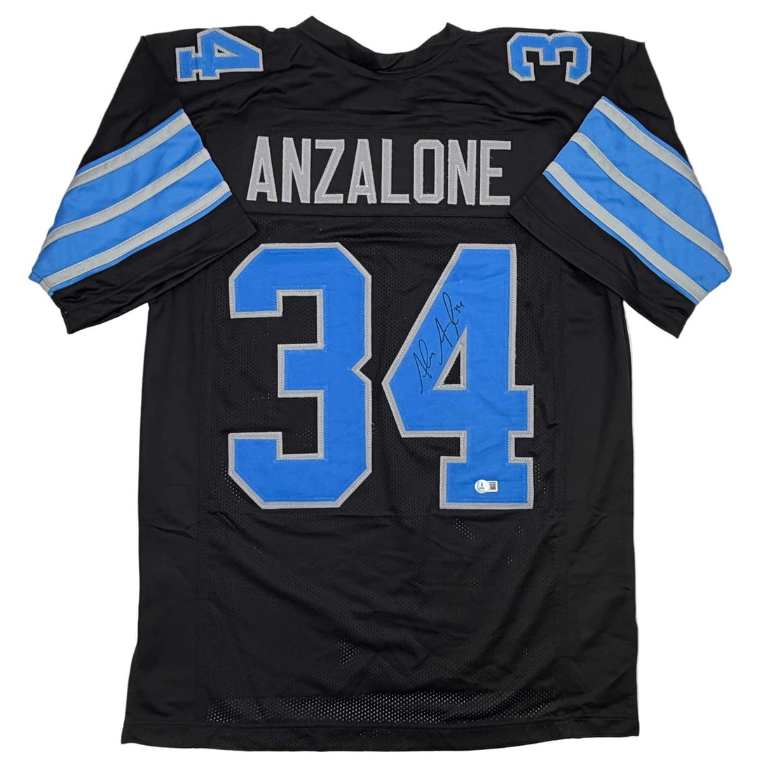 Alex Anzalone Signed Custom Detroit Black Jersey Beckett Authenticated NFL Memorabilia: Alex Anzalone Signed Custom Detroit Black Jersey Beckett Authenticated NFL Memorabilia This is a custom black football jersey featuring the name and number of Alex Anzalone, autographed by the player.