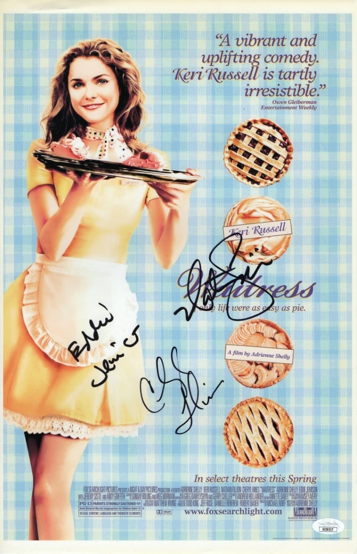 Waitress Multi Signed 11x17 Photo Nathan Fillion Cheryl Hines JSA Authenticated: Waitress Multi Signed 11x17 Photo Nathan Fillion Cheryl Hines JSA Authenticated This is an original 11x17 photograph from the film "Waitress" that has been multi-signed by Nathan Fillion, Eddie Jemiso