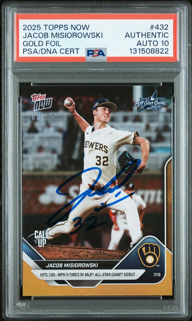 PSA 10 Gold /50 Jacob Misiorowski Auto 2025 Topps Now Rookie #432 Card (1 of 2)