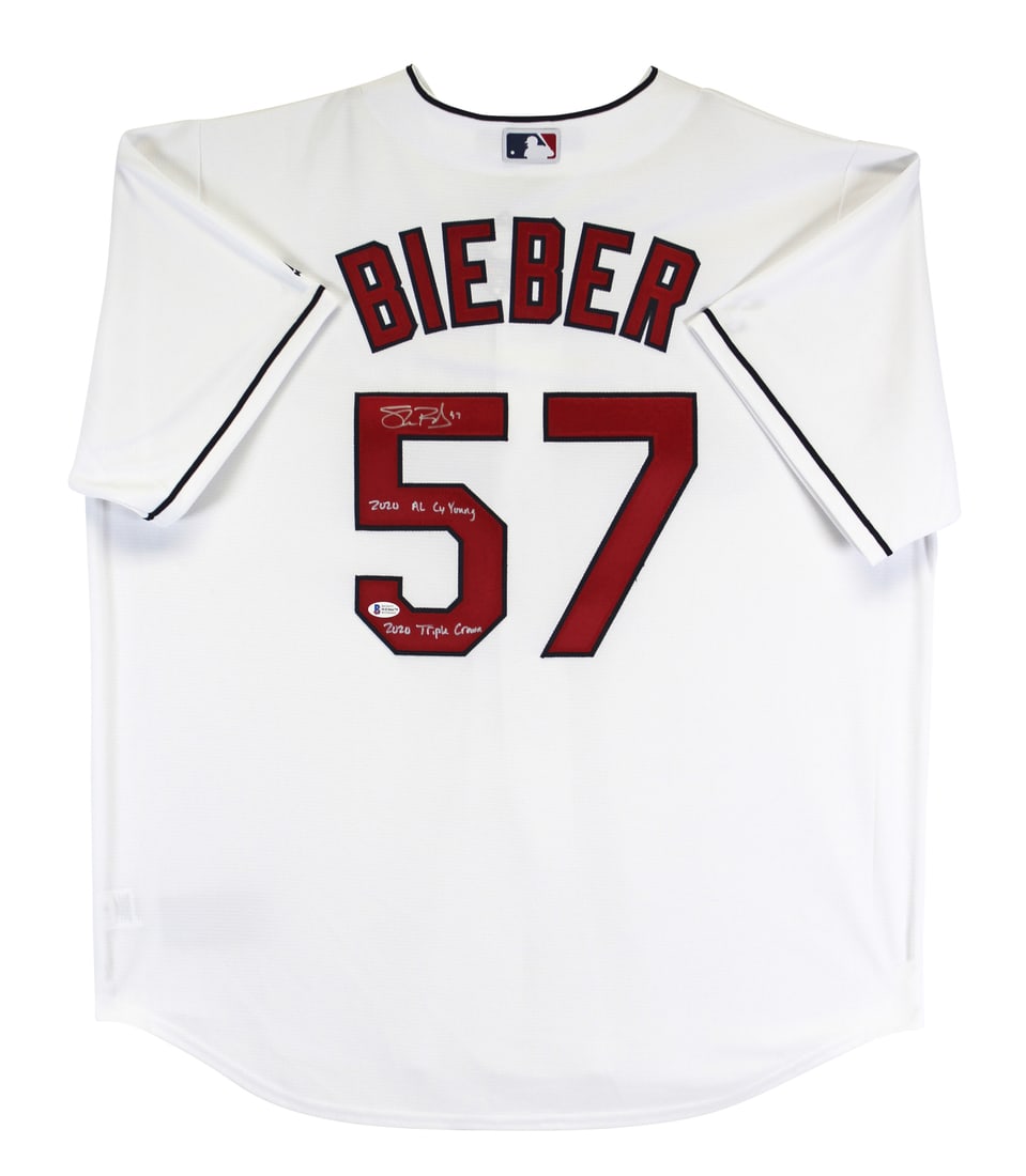 Shane Bieber Signed Cleveland Indians Jersey with 2020 AL Cy Young Inscription (1 of 5)