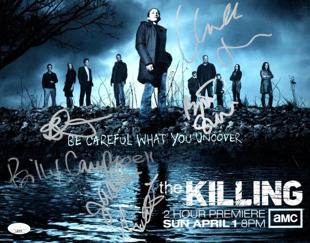 The Killing Cast Autographed 11x14 Photo JSA Authenticated: The Killing Cast Autographed 11x14 Photo JSA Authenticated This 11X14 photograph features the cast of 'The Killing,' each member having signed it, making it a unique collectible for fans of the series