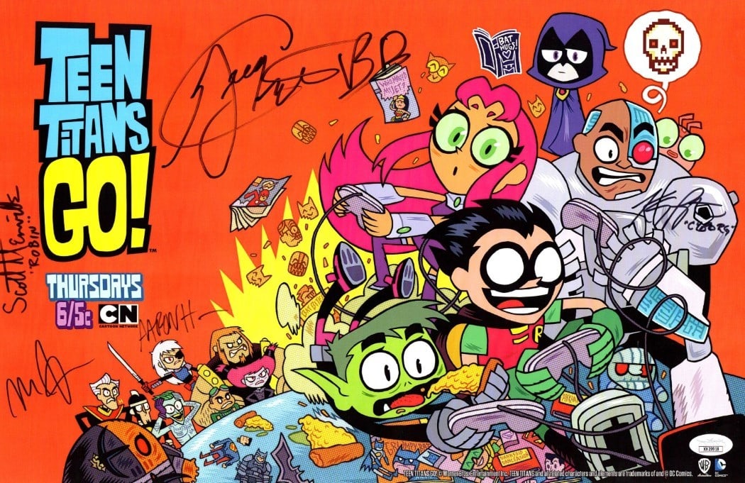 Teen Titans Go! 11X17 Cast Signed Poster with JSA Authentification: Teen Titans Go! 11X17 Cast Signed Poster with JSA Authentification Celebrate your love for the animated series with this original Teen Titans Go! cast autographed poster. Measuring 11x17 inches, this