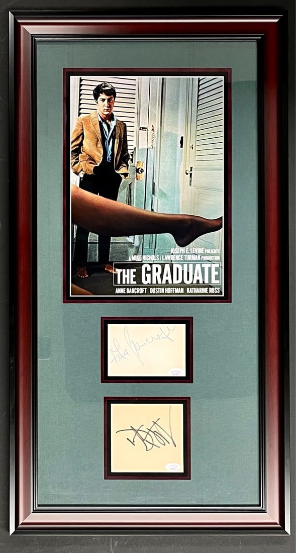 Dustin Hoffman Anne Bancroft Signed Display The Graduate JSA Authenticated 33 x 18: Dustin Hoffman Anne Bancroft Signed Display The Graduate JSA Authenticated 33 x 18 This stunning custom framed display features signed cuts from the acclaimed movie 'The Graduate', showcasing the auth