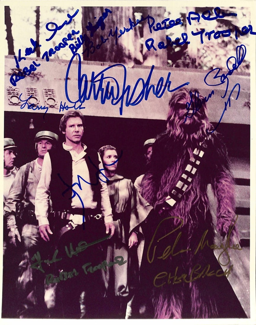 Star Wars ROTJ 8x10 Signed Photo by 10 Cast Members Beckett LOA: Star Wars ROTJ 8x10 Signed Photo by 10 Cast Members Beckett LOA This original 8x10 inch color photograph from Star Wars: Return of the Jedi captures a never-before-seen moment featuring Han Solo, Prin