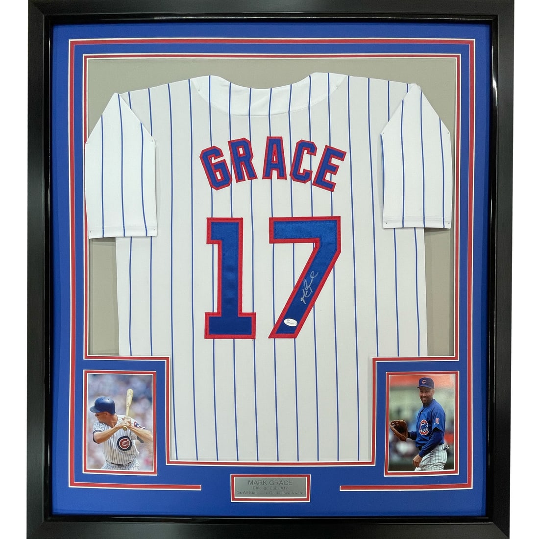Framed Signed Mark Grace Chicago Cubs Jersey with JSA COA: Framed Signed Mark Grace Chicago Cubs Jersey with JSA COA Celebrate the legacy of baseball with this framed autographed Mark Grace Chicago Cubs pinstripe jersey. This piece features an authentic signa
