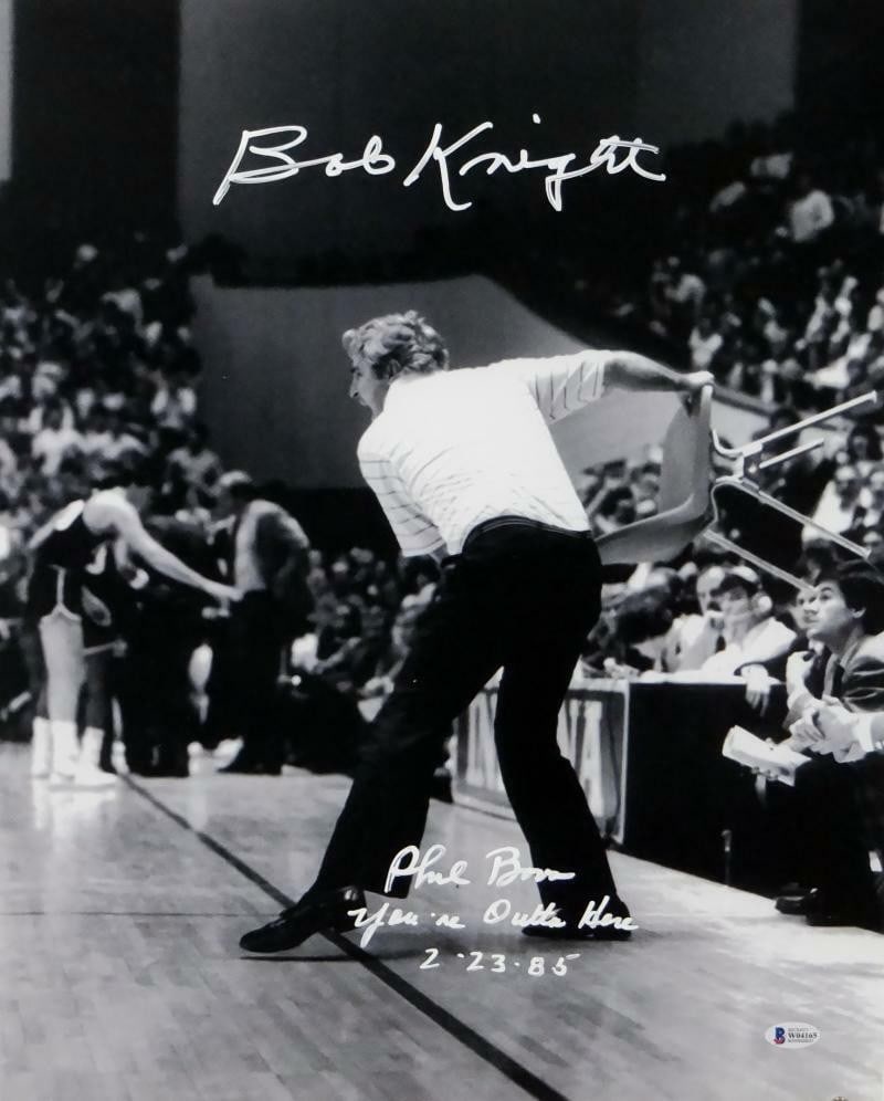 Bob Knight Phil Bova Signed 16x20 Photo Beckett Authenticated: Bob Knight Phil Bova Signed 16x20 Photo Beckett Authenticated This striking 16x20 black and white photograph captures the legendary Bob Knight seated in a chair, showcasing his commanding presence in