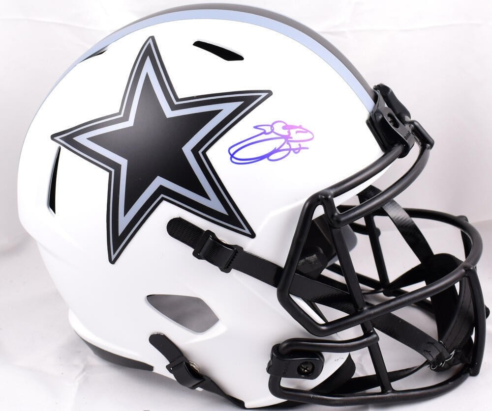 Emmitt Smith Signed Dallas Cowboys Lunar Speed Helmet Beckett Authenticated: Emmitt Smith Signed Dallas Cowboys Lunar Speed Helmet Beckett Authenticated This is an original full-size helmet signed by Emmitt Smith, the legendary player of the Dallas Cowboys. The helmet is a Lun