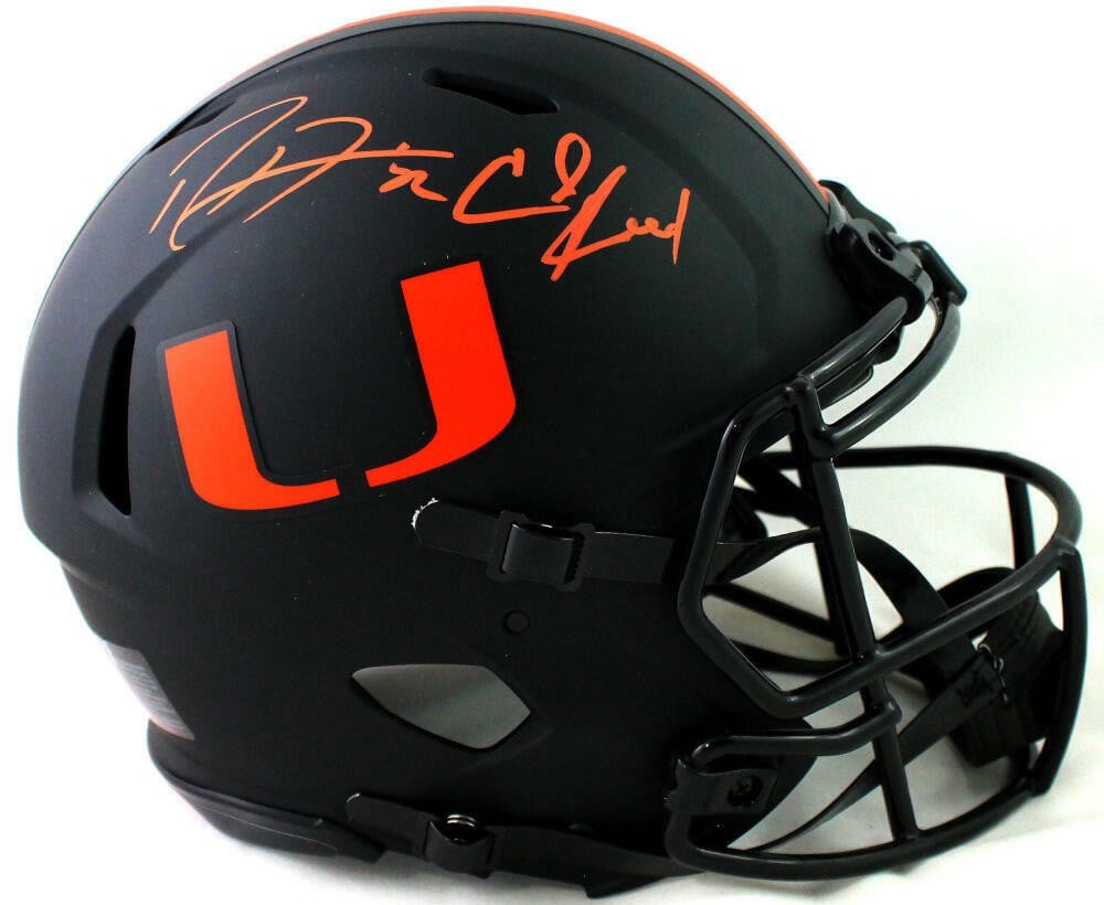 Miami Hurricanes Eclipse Full Size Helmet Signed by Ed Reed and Ray Lewis Beckett Auth: Miami Hurricanes Eclipse Full Size Helmet Signed by Ed Reed and Ray Lewis Beckett Auth This authentic full-size Miami Hurricanes Eclipse football helmet is signed by Ed Reed and Ray Lewis. The autogra