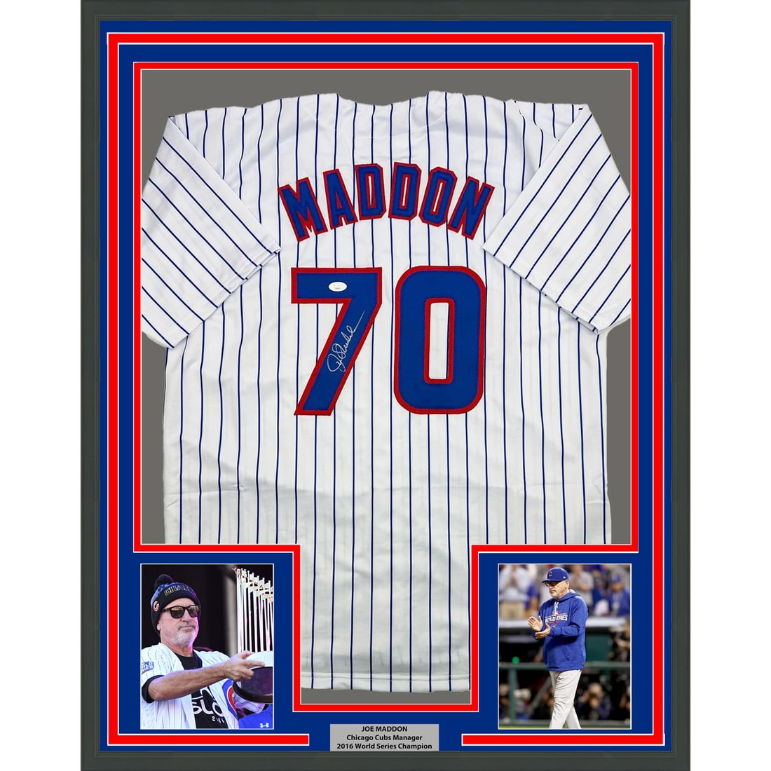 Joe Maddon Signed Chicago Cubs Jersey Display 35x39 JSA Authenticated Framed: Joe Maddon Signed Chicago Cubs Jersey Display 35x39 JSA Authenticated Framed This professionally framed and matted Chicago Cubs pinstripe jersey is autographed by Joe Maddon. The display includes two