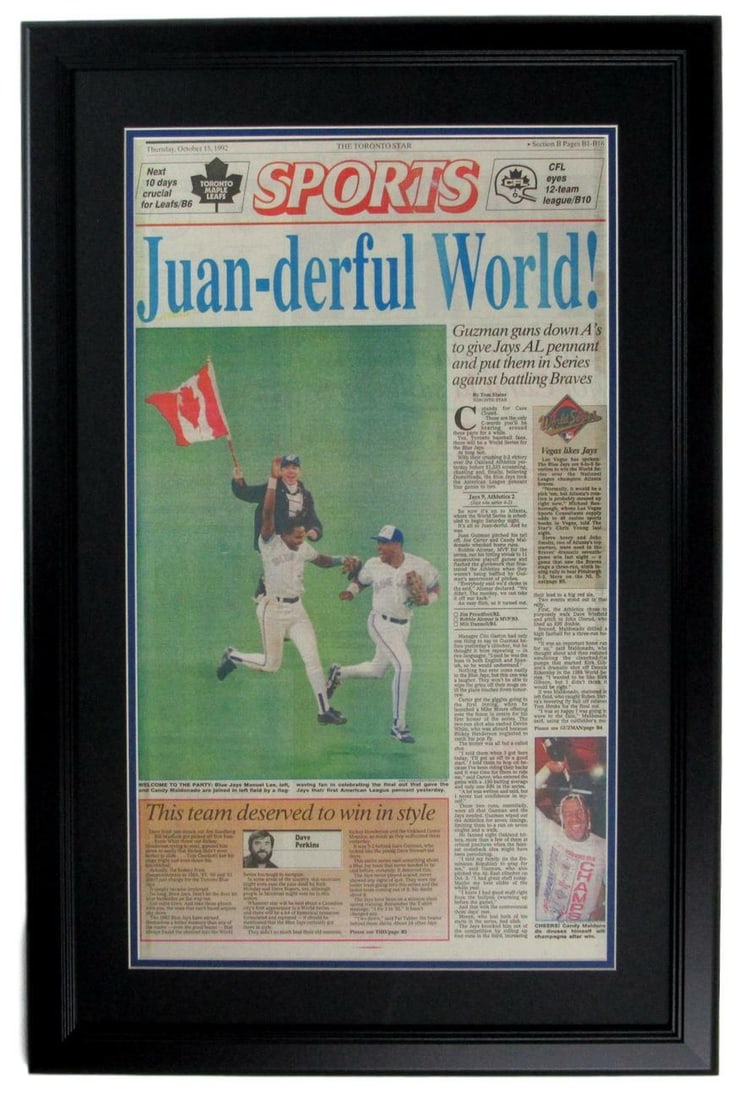 Toronto Blue Jays 1992 AL Champs Framed Newspaper 19x29 Original: Toronto Blue Jays 1992 AL Champs Framed Newspaper 19x29 Original Celebrate the Toronto Blue Jays' historic victory with this original framed newspaper commemorating their 1992 American League Champion