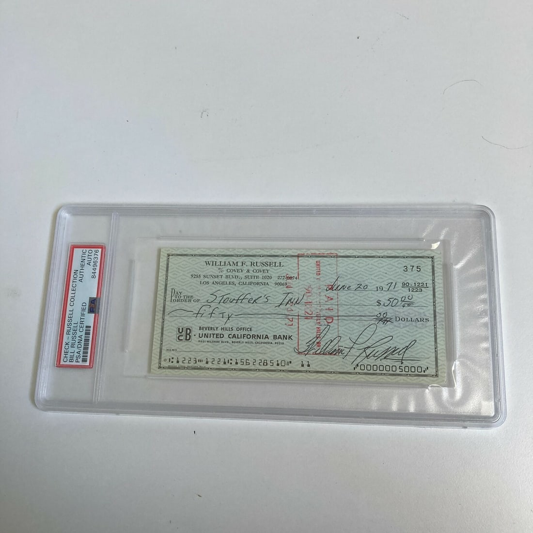 Bill Russell Autographed Bank Check PSA DNA Boston Celtics Legend: Bill Russell Autographed Bank Check PSA DNA Boston Celtics Legend This is an original bank check signed by NBA legend Bill Russell, a prominent player of the Boston Celtics and a Hall of Fame inductee
