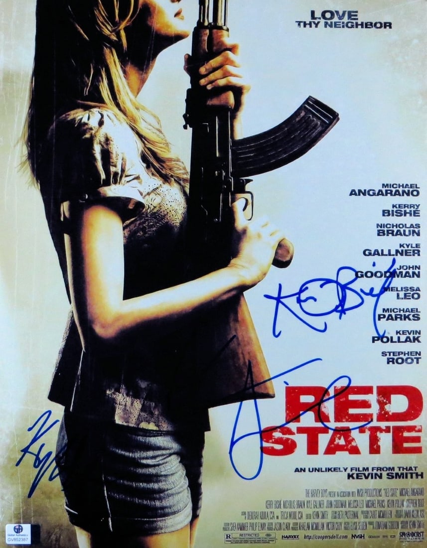 Kevin Smith Kyle Gallner Autographed 11x14 Photo Red State Global Authentics: Kevin Smith Kyle Gallner Autographed 11x14 Photo Red State Global Authentics This is an original 11x14 photograph signed by Kevin Smith and Kyle Gallner, showcasing their involvement in the film 'Red