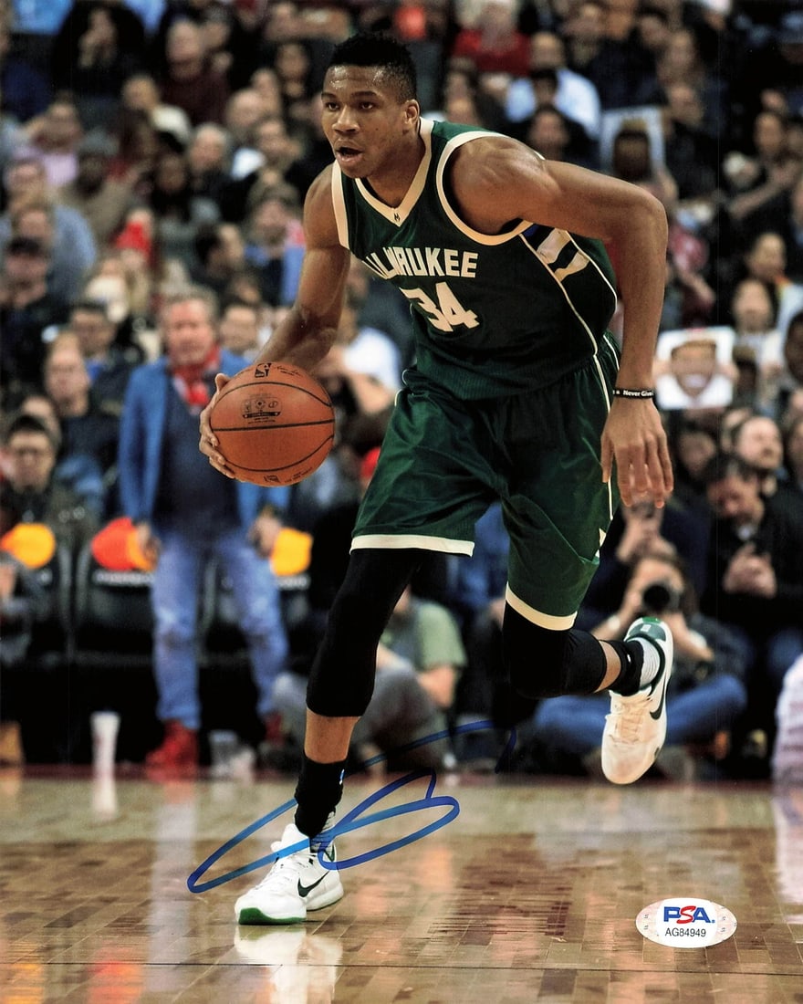 Giannis Antetokounmpo Autographed 8x10 Photo PSA/DNA Milwaukee Bucks: Giannis Antetokounmpo Autographed 8x10 Photo PSA/DNA Milwaukee Bucks This professionally printed 8x10 photograph features the signature of Giannis Antetokounmpo, the star player of the Milwaukee Bucks