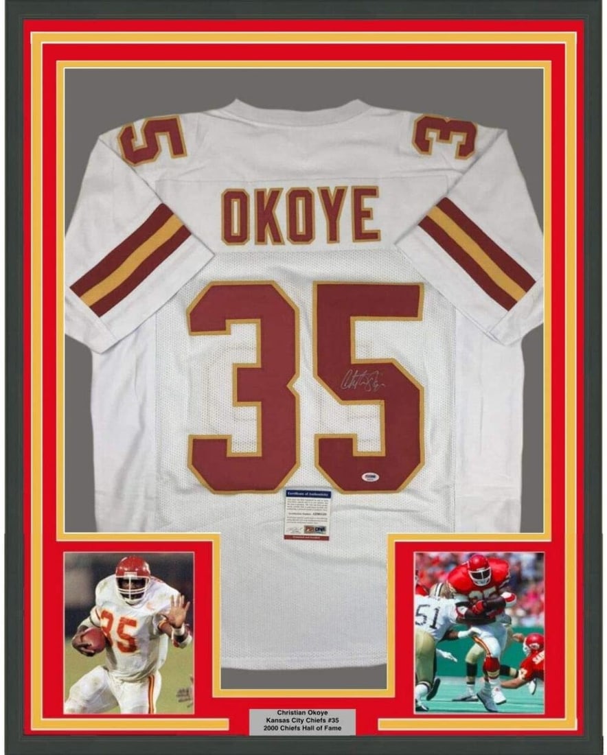 Framed Autographed Christian Okoye Kansas City Chiefs Jersey PSA COA 35x39: Framed Autographed Christian Okoye Kansas City Chiefs Jersey PSA COA 35x39 Showcase your sports memorabilia collection with this professionally framed and matted autographed Kansas City Chiefs jersey