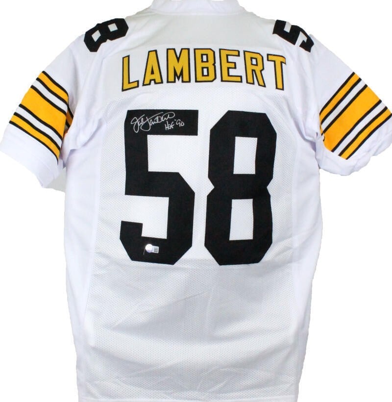 Jack Lambert Autographed White Pro Style Jersey Pittsburgh Steelers HOF Beckett Authentic: Jack Lambert Autographed White Pro Style Jersey Pittsburgh Steelers HOF Beckett Authentic This is an original autographed white pro-style jersey by Hall of Famer Jack Lambert, a legendary player of th