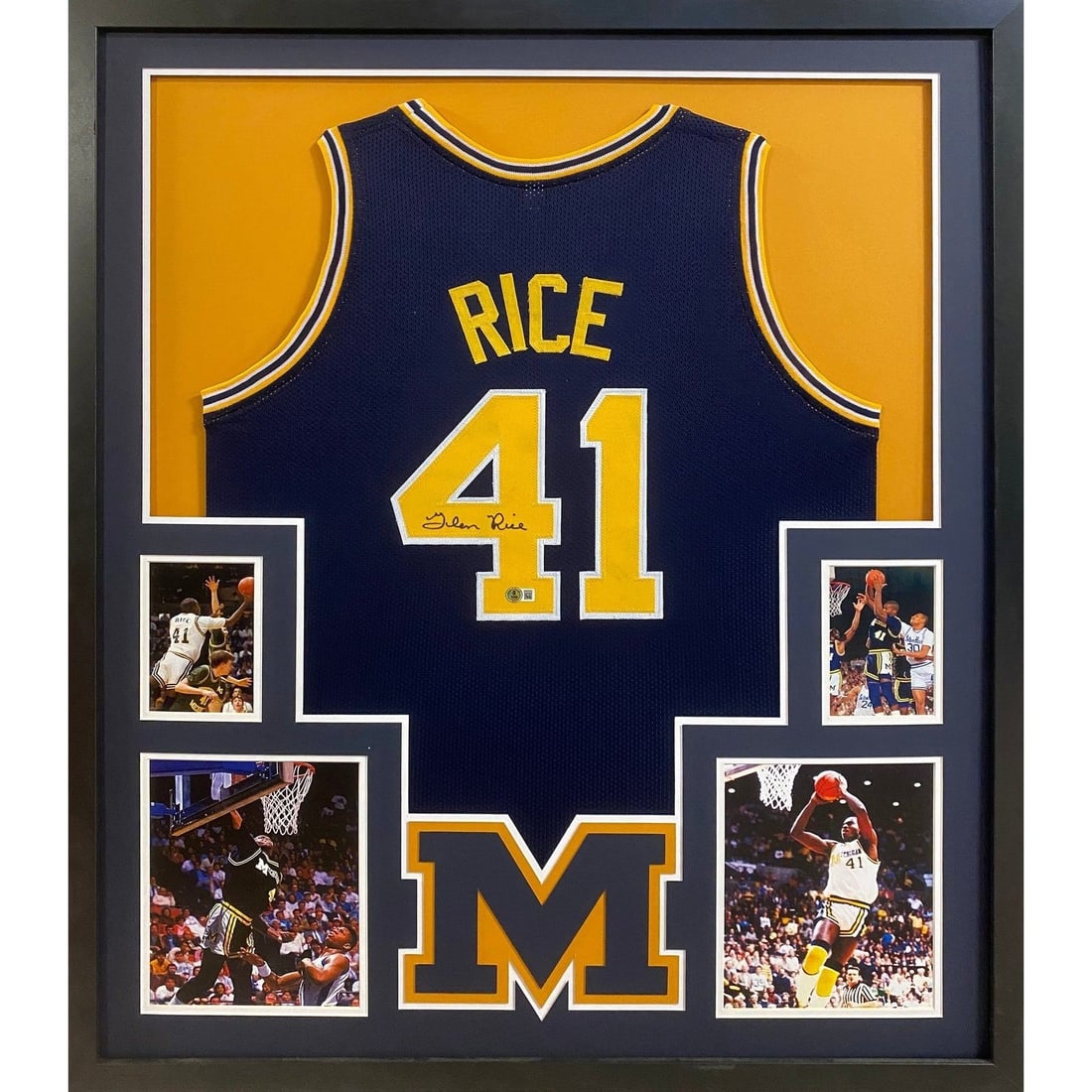 Glen Rice Signed Framed Jersey Beckett Authenticated Michigan 43x36: Glen Rice Signed Framed Jersey Beckett Authenticated Michigan 43x36 This is a pre-owned autographed Glen Rice framed jersey, showcasing exceptional detail in the framing and logo. The jersey is authen