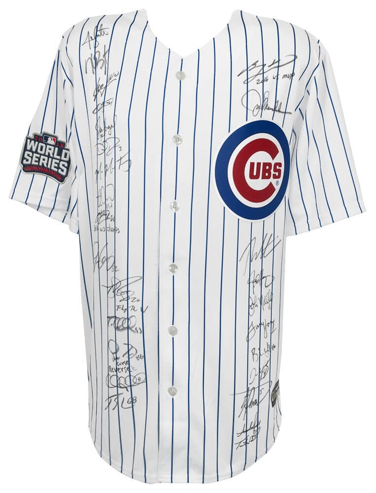 2016 Cubs Team Signed Joe Maddon Jersey 26 Autographs 2016 WS Patch: 2016 Cubs Team Signed Joe Maddon Jersey 26 Autographs 2016 WS Patch Celebrate the historic 2016 Chicago Cubs World Series victory with this team-signed jersey. This original white pinstripe Majestic r