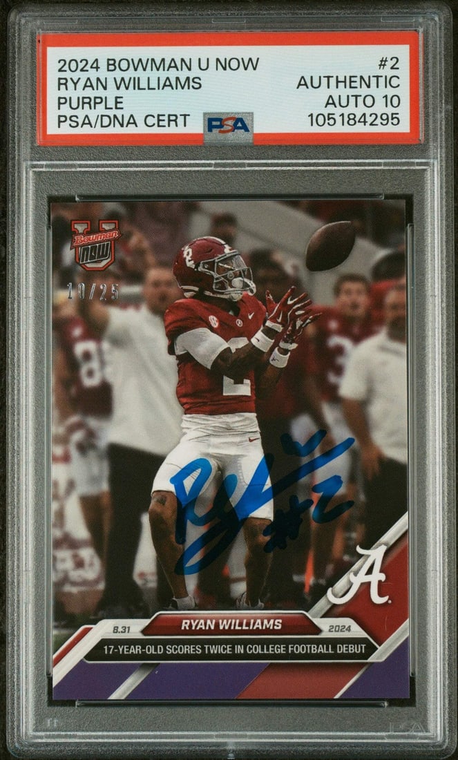 2024 Bowman U Ryan Williams #2 Purple /25 PSA 10 Autographed Football Card: 2024 Bowman U Ryan Williams #2 Purple /25 PSA 10 Autographed Football Card This is a graded 2024 Bowman U Now Ryan Williams #2 Purple /25 Football Card featuring a PSA 10 grade and an authenticated au