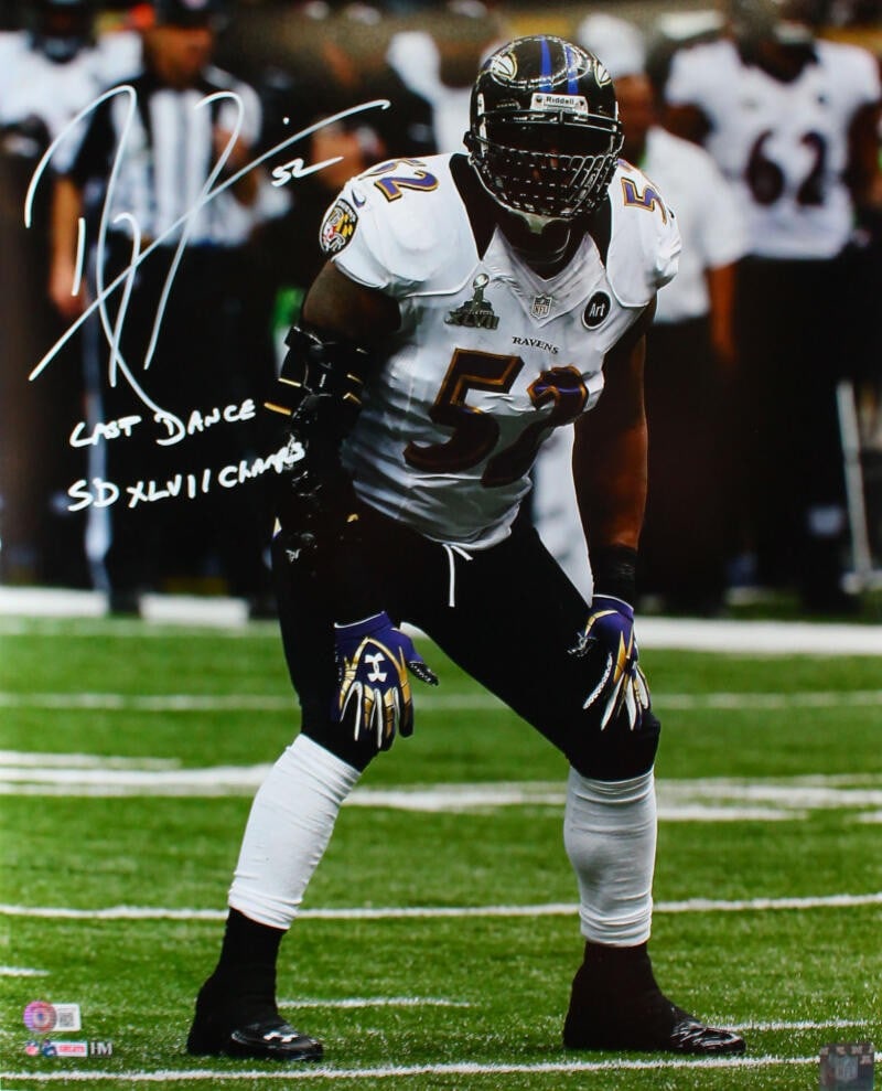 Ray Lewis Signed 16x20 Ravens Photo Last Dance SB Champs Beckett Authenticated: Ray Lewis Signed 16x20 Ravens Photo Last Dance SB Champs Beckett Authenticated This is an original 16x20 photograph of Ray Lewis, showcasing his iconic stance during the last dance of the Super Bowl